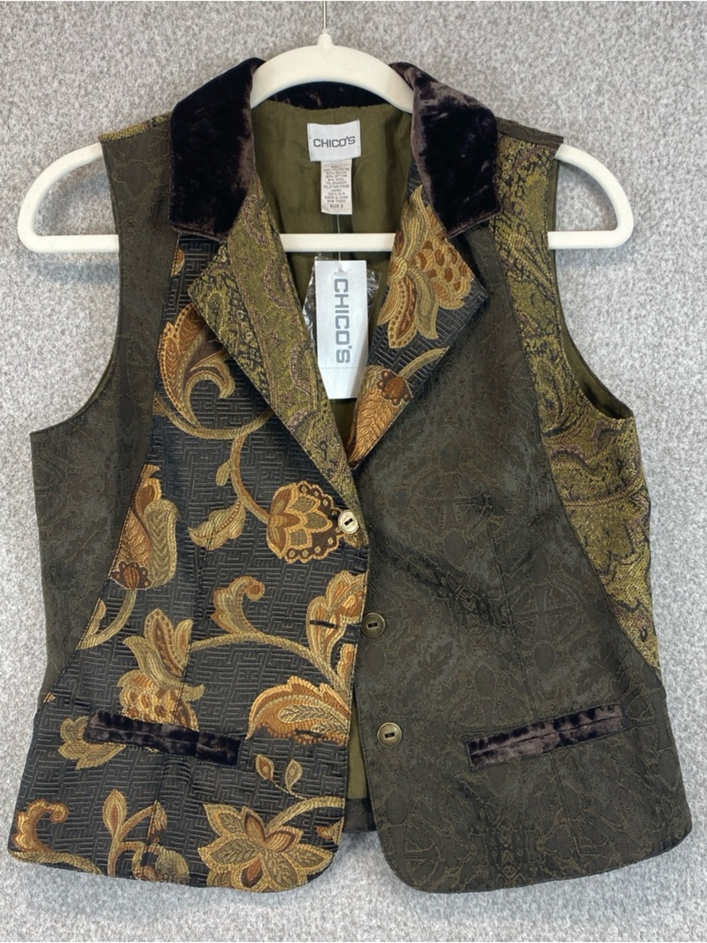 Chicos Ashanti Vest Women's Size 0 (S) Patchwork Western Velvet Collar 3 Button